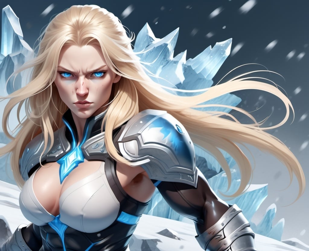 Prompt: Female figure. Greater bicep definition. Sharper, clearer blue eyes. Nosebleed. Long Blonde hair flapping. Frostier, glacier effects. Fierce combat stance. Raging Fists. Icy Knuckles.