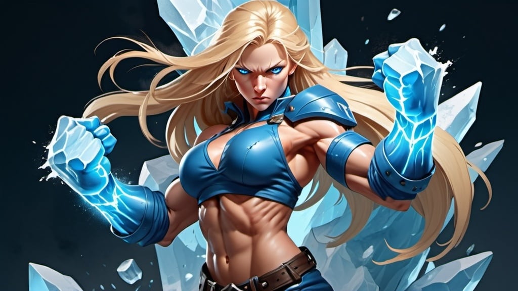 Prompt: Female figure. Greater bicep definition. Sharper, clearer blue eyes. Nosebleed. Long Blonde hair flapping. Blue outfit. Frostier, glacier effects. Fierce combat stance. Raging Fists. Icy Knuckles. 