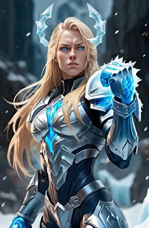 Prompt: Female figure. Greater bicep definition. Sharper, clearer blue eyes. Nosebleed. Long Blonde hair flapping. Frostier, glacier effects. Fierce combat stance. Raging Fists. Icy Knuckles. Blue armor suit.