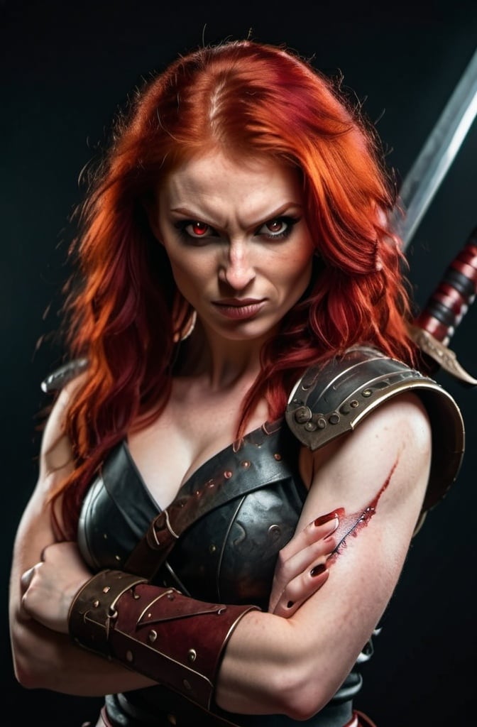 Prompt: Evil red-haired warrior woman with a mischievous grin. Carmine, red eyes. Fierce combat stance.