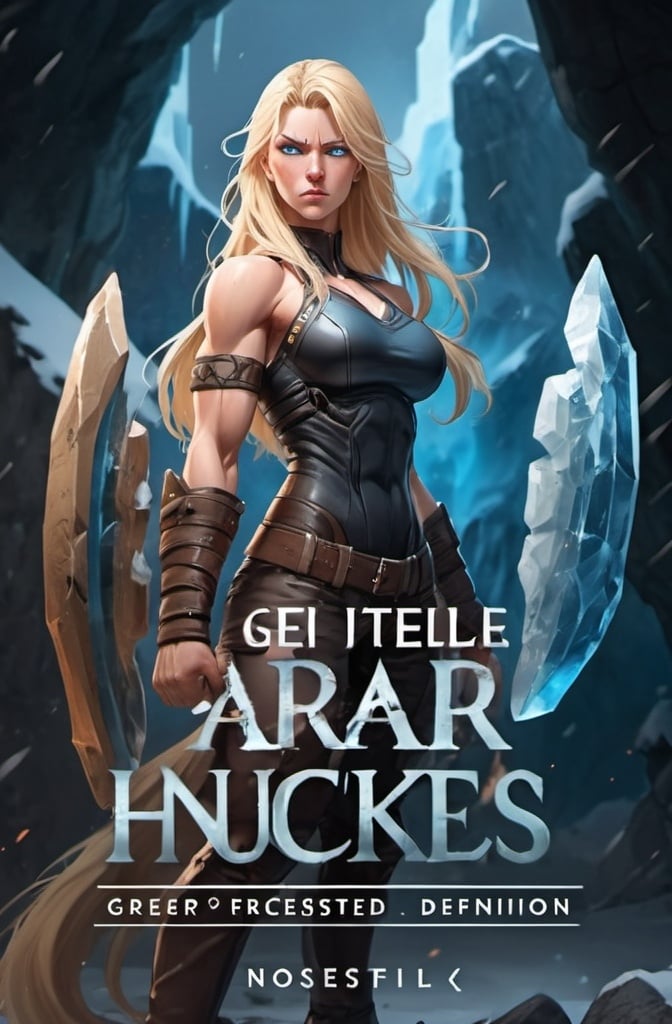 Prompt: Female figure. Greater bicep definition. Sharper, clearer blue eyes. Nosebleed. Long Blonde hair flapping. Frostier, glacier effects. Fierce combat stance. Raging Fists. Icy Knuckles.