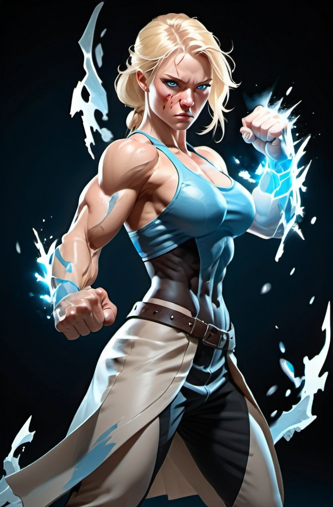 Prompt: Female figure. Greater bicep definition. Sharper, clearer blue eyes. Nosebleed. Long Blonde hair flapping. Frostier, glacier effects. Fierce combat stance. Raging Fists.