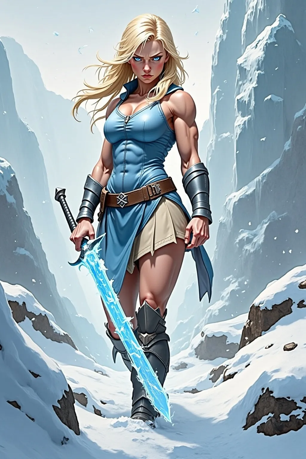 Prompt: @lbK8EQWu1r8WEqH2g1L6 A muscular female warrior wielding a shimmering sword of ice, standing in a frozen landscape. She is mid-action, gripping the icy blade with both hands, her stance powerful and determined. Her armor is sleek and metallic, reflecting cold blue and silver tones, with frost forming along the edges. Her hair flows behind her, caught in a gust of icy wind. The environment features jagged ice formations and a snow-covered ground under a pale, overcast sky. Soft blue light emanates from the sword, illuminating her focused expression. The scene is captured from a slightly low angle, emphasizing her strength and the glowing weapon, with swirling snow and icy particles adding a dynamic, wintry atmosphere.