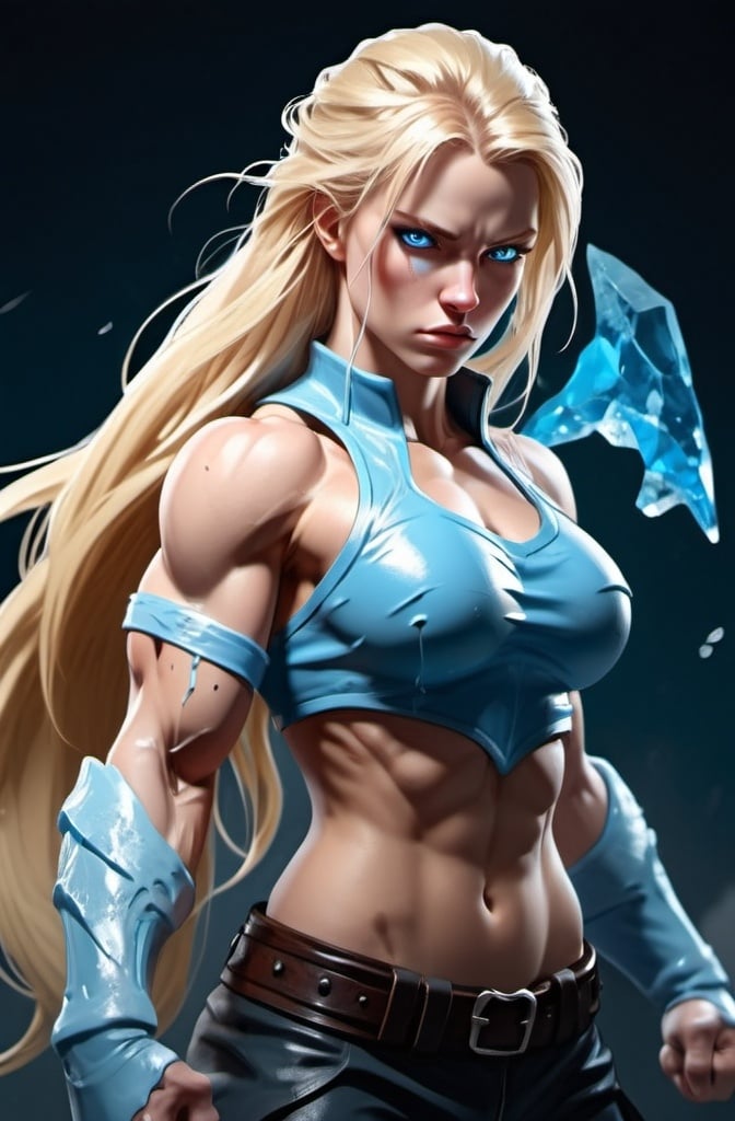 Prompt: Female figure. Greater bicep definition. Sharper, clearer blue eyes. Bleeding. Long Blonde hair flapping. Frostier, glacier effects. Fierce combat stance. Icy Knuckles.