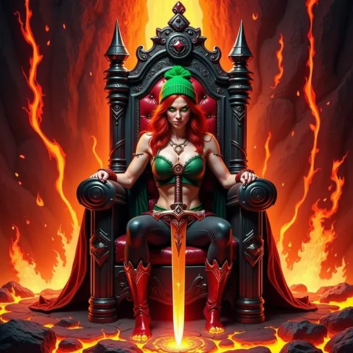 Prompt: @wbV7YKlXTFt2cBPb46HT A regal female figure seated on an ornate throne, wearing a shimmering crown atop her head. She is positioned centrally within a vast kingdom of flowing, molten lava, with fiery cracks illuminating the dark, volcanic landscape. The throne is carved from dark stone with glowing red accents, contrasting sharply against the fiery environment. Bright, flickering flames cast dynamic shadows across her face and attire, highlighting her commanding presence. The scene is viewed from a slightly low angle, emphasizing her dominance over the fiery realm. Embers drift through the air, and the molten lava reflects the intense glow, creating a dramatic, high-contrast atmosphere.