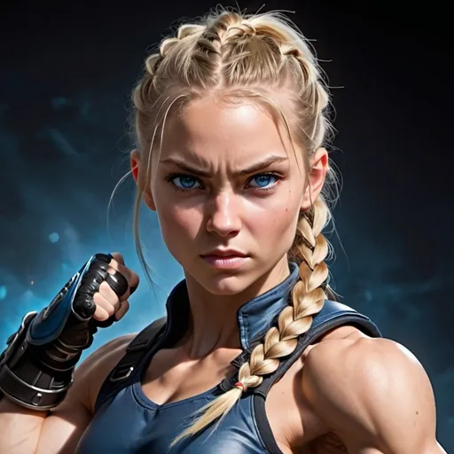 Prompt: Young Female figure. Greater bicep definition. Dark Blue eyes. Long Blonde braided ponytail. Fierce combat stance. Raging Gravity-powered Gauntlets. 