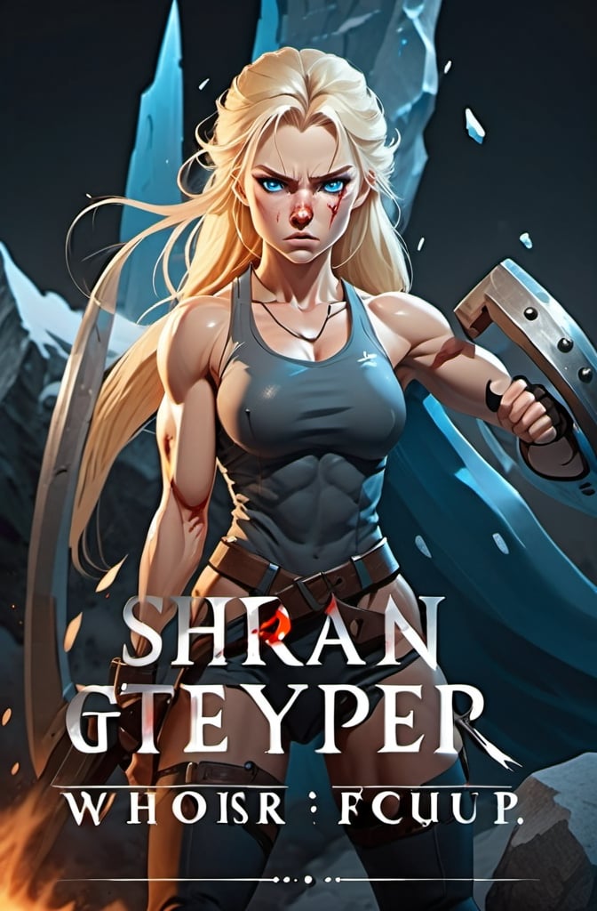 Prompt: Female figure. Greater bicep definition. Sharper, clearer blue eyes. Nosebleed. Long Blonde hair flapping. Frostier, glacier effects. Fierce combat stance. Enraged. 