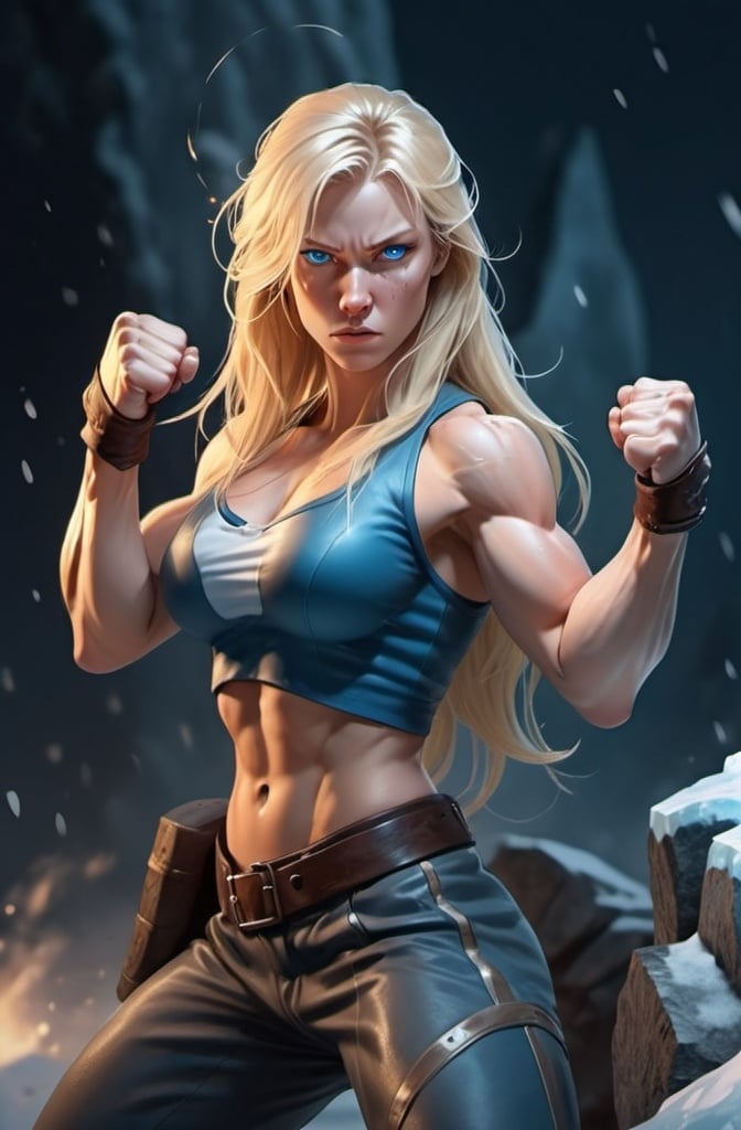 Prompt: Female figure. Greater bicep definition. Sharper, clearer blue eyes. Nosebleed. Long Blonde hair flapping. Frostier, glacier effects. Fierce combat stance. Raging Fists. Icy Knuckles.