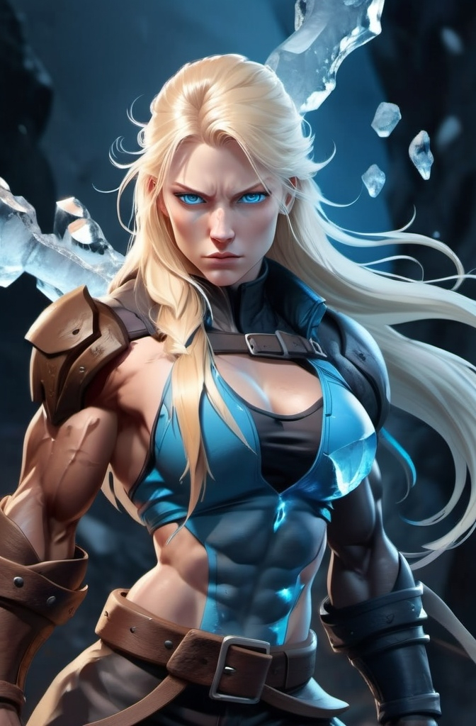 Prompt:  Female figure. Greater bicep definition. Sharper, clearer blue eyes. Nosebleed. Long Blonde hair flapping. Frostier, glacier effects. Fierce combat stance. Raging Fists. Icy Knuckles. 