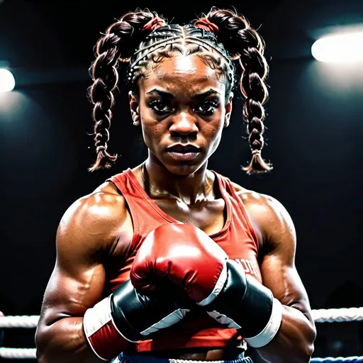 Prompt: Black female Boxer. Dark skin. Two braided pigtails Greater bicep definition. Fierce combat stance. 