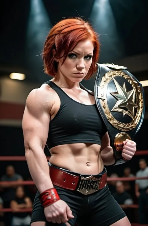 Prompt: Female figure. Young woman. Greater bicep definition. Short red hair. Pro Wrestler. Championship belt. Fierce Combat Stance. 