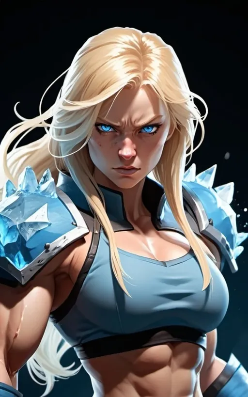 Prompt: Female figure. Greater bicep definition. Sharper, clearer blue eyes. Nosebleed. Long Blonde hair flapping. Frostier, glacier effects. Fierce combat stance. Raging Fists. Icy Knuckles. 