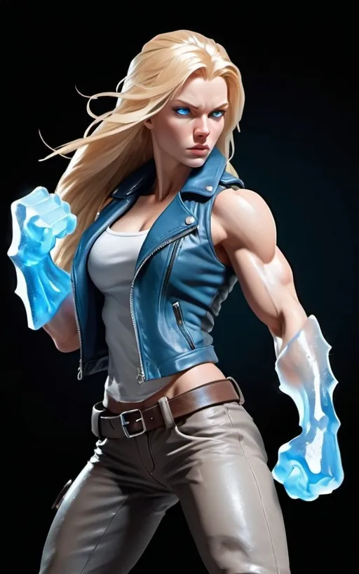 Prompt: Female figure. Greater bicep definition. Sharper, clearer blue eyes. Long Blonde hair flapping. Frostier, glacier effects. Fierce combat stance. Icy Knuckles. Leather Jacket.