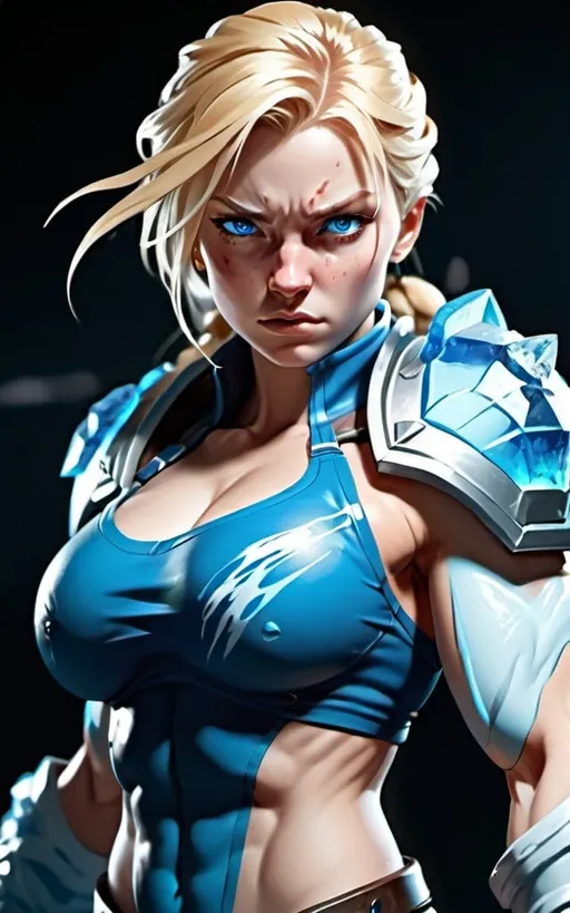 Prompt: Female figure. Greater bicep definition. Sharper, clearer blue eyes. Nosebleed. Long Blonde hair flapping. Frostier, glacier effects. Fierce combat stance. Icy Knuckles.