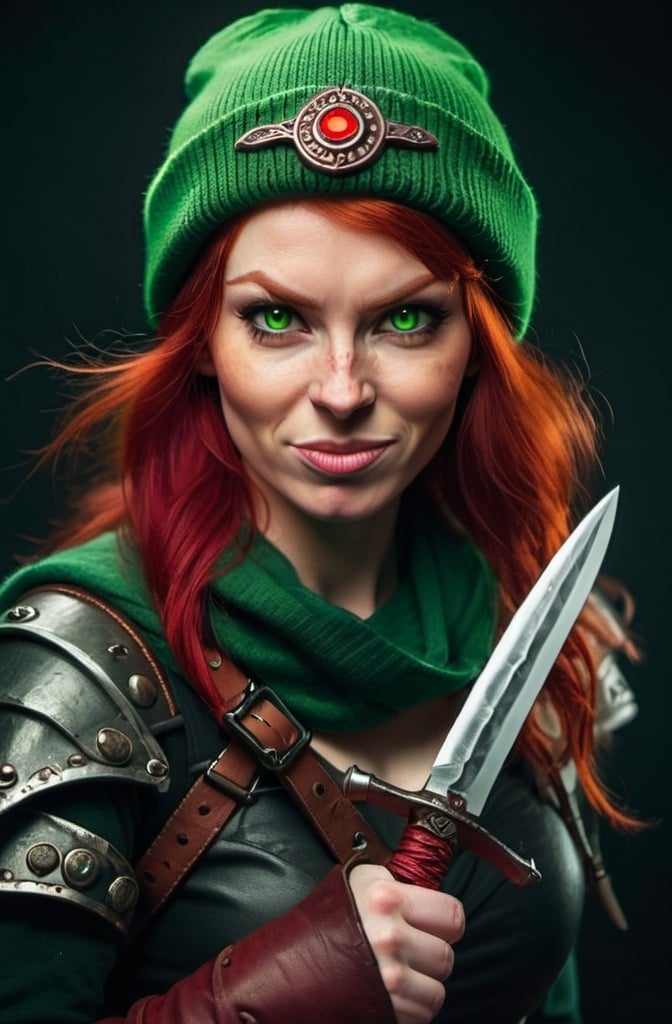 Prompt: Evil red-haired warrior woman, wearing a green beanie and a mischievous smirk. Carries daggers. Red Eyes.  
