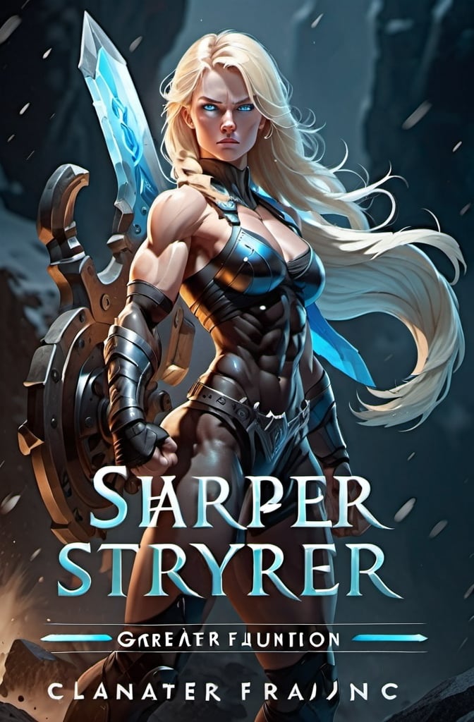 Prompt: Female figure. Greater bicep definition. Sharper, clearer blue eyes. Blonde hair flapping. Frostier, glacier effects. Fierce combat stance. 