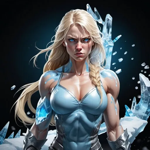 Prompt: Female figure. Greater bicep definition. Sharper, clearer blue eyes. Nosebleed. Long Blonde hair flapping. Frostier, glacier effects. Fierce combat stance. She is cracking her Ice Knuckles. 