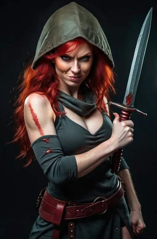 Prompt: Evil red-haired warrior woman with a mischievous smirk. Carmine, red eyes. Fierce combat stance.