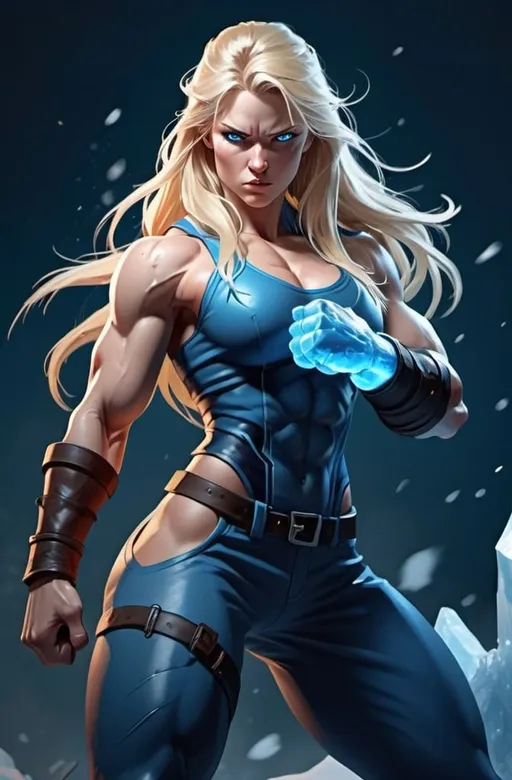 Prompt: Female figure. Greater bicep definition. Sharper, clearer blue eyes. Nosebleed. Long Blonde hair flapping. Frostier, glacier effects. Fierce combat stance. Raging Fists. Icy Knuckles. Blue outfit. 