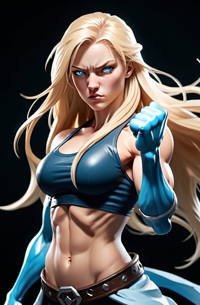 Prompt: Female figure. Greater bicep definition. Sharper, clearer blue eyes. Nosebleed. Long Blonde hair flapping. Frostier, glacier effects. Fierce combat stance. Raging Fists. Icy Knuckles. 