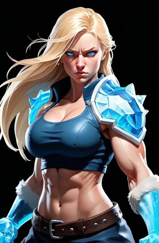 Prompt: Female figure. Greater bicep definition. Sharper, clearer blue eyes. Nosebleed. Long Blonde hair flapping. Frostier, glacier effects. Fierce combat stance. Raging Fists. Icy Knuckles. 