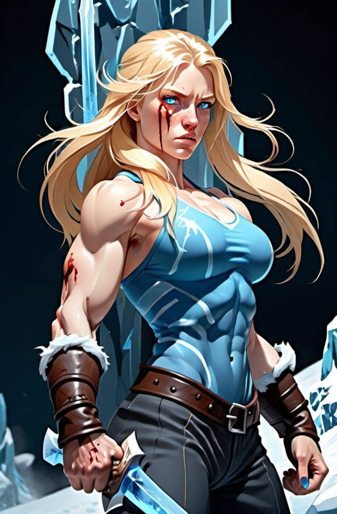 Prompt: Female figure. Greater bicep definition. Sharper, clearer blue eyes. Nosebleed. Long Blonde hair flapping. Frostier, glacier effects. Fierce combat stance. Icy Knuckles.