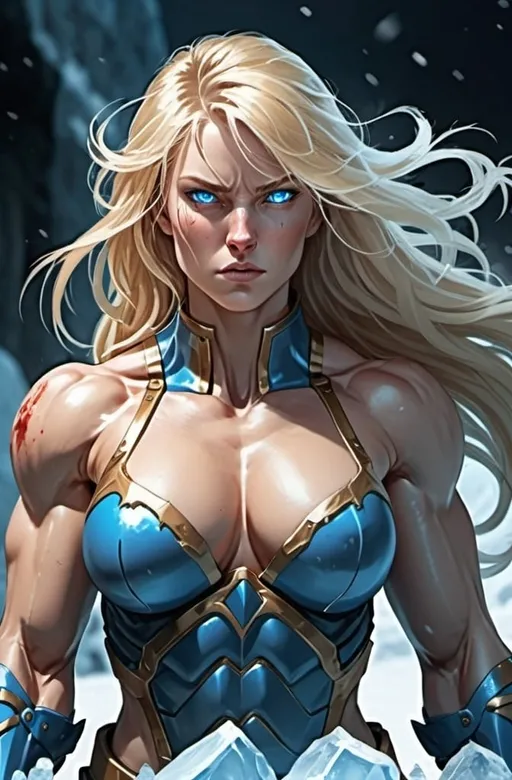 Prompt: Female figure. Greater bicep definition. Sharper, clearer blue eyes. Nosebleed. Blue armor suit. Long Blonde hair flapping. Frostier, glacier effects. Fierce combat stance. Raging Fists. Icy Knuckles. 