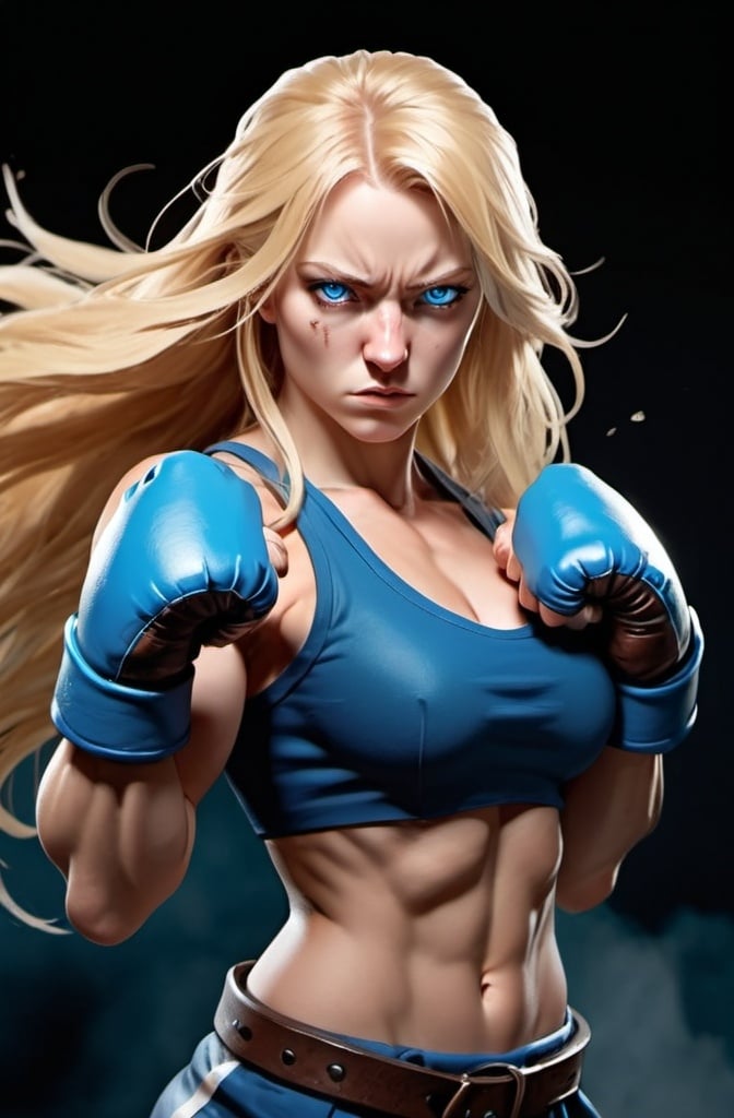 Prompt: Female figure. Greater bicep definition. Sharper, clearer blue eyes. Nosebleed. Long Blonde hair flapping. Frostier, glacier effects. Fierce combat stance. Raging Fists. 