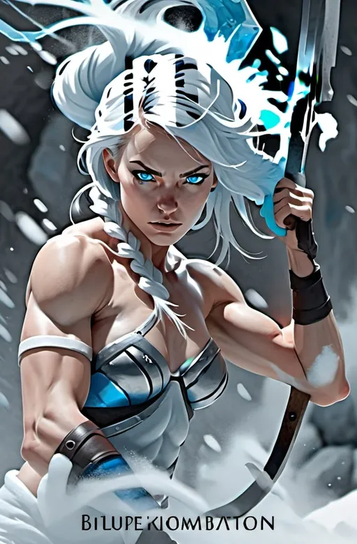 Prompt: Female figure. Greater bicep definition. Sharper, clearer blue eyes.  Frostier, glacier effects. Fierce combat stance. Engulfed by white mist. 