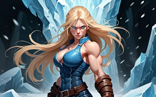 Prompt: Female figure. Greater bicep definition. Sharper, clearer blue eyes. Nosebleed. Long Blonde hair flapping. Frostier, glacier effects. Fierce combat stance. Raging Fists. Icy Knuckles. 