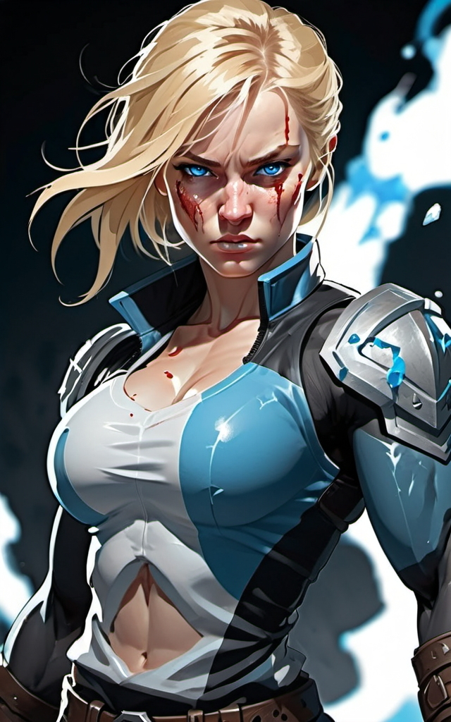 Prompt: Female figure. Greater bicep definition. Sharper, clearer blue eyes. Bleeding. Long Blonde hair flapping. Frostier, glacier effects. Fierce combat stance.