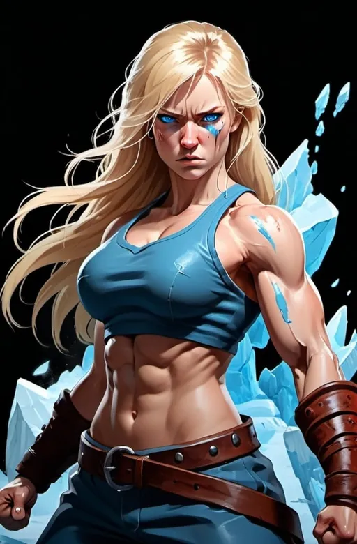 Prompt: Female figure. Greater bicep definition. Sharper, clearer blue eyes. Bleeding. Long Blonde hair flapping. Frostier, glacier effects. Fierce combat stance. Raging Fists. 