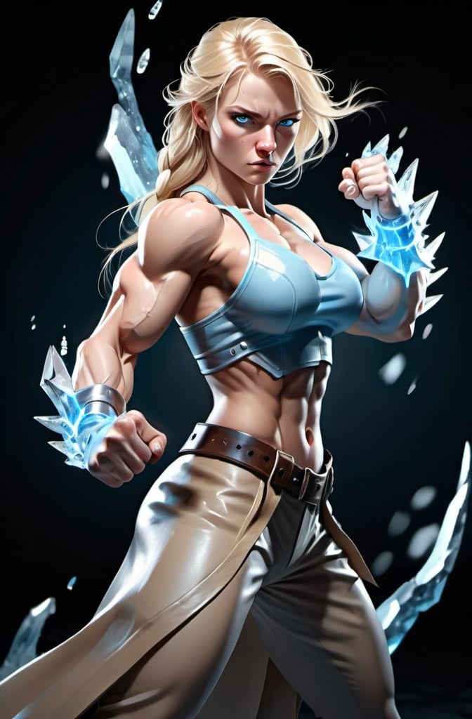 Prompt: Female figure. Greater bicep definition. Sharper, clearer blue eyes. Nosebleed. Long Blonde hair flapping. Frostier, glacier effects. Fierce combat stance. icy Knuckles.