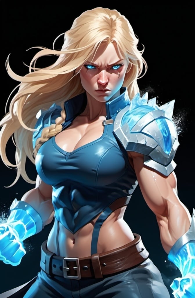 Prompt: Female figure. Greater bicep definition. Sharper, clearer blue eyes. Nosebleed. Long Blonde hair flapping. Frostier, glacier effects. Fierce combat stance. Raging Fists. Icy Knuckles. 