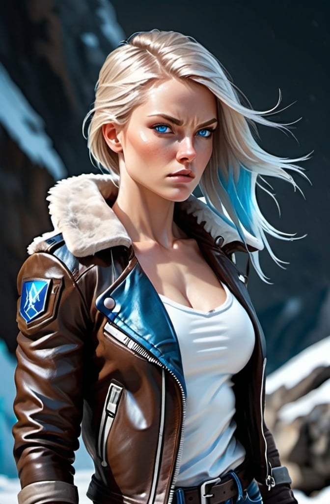 Prompt: Female figure. Greater bicep definition. Sharper, clearer blue eyes.  Frostier, glacier effects. Fierce combat stance. Leather Jacket. 