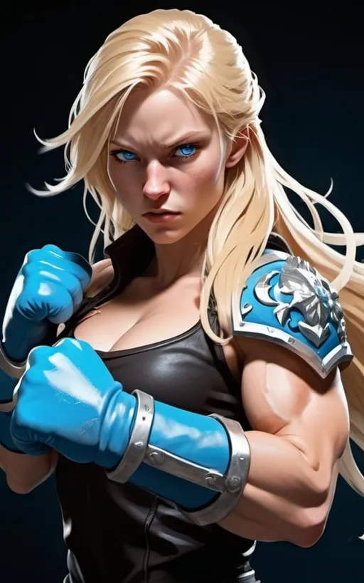 Prompt: Female figure. Greater bicep definition. Sharper, clearer blue eyes. Nosebleed. Long Blonde hair flapping. Frostier, glacier effects. Fierce combat stance. Raging Fists. Icy Knuckles.