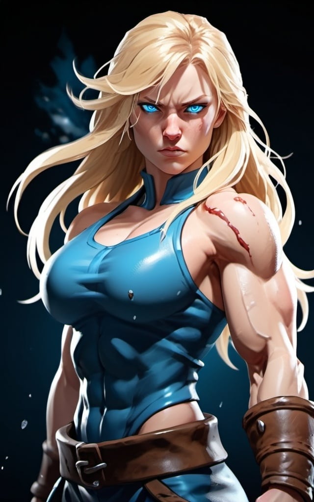 Prompt: Female figure. Greater bicep definition. Sharper, clearer blue eyes. Nosebleed. Long Blonde hair flapping. Frostier, glacier effects. Fierce combat stance. Raging Fists. Icy Knuckles. 