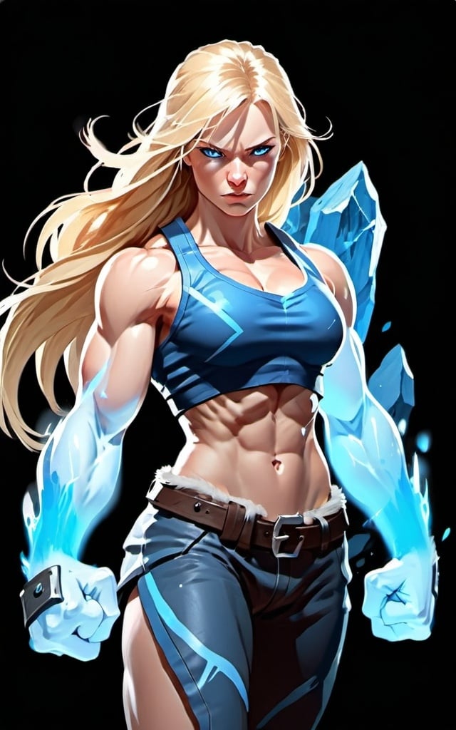 Prompt: Female figure. Greater bicep definition. Sharper, clearer blue eyes. Long Blonde hair flapping. Frostier, glacier effects. Fierce combat stance. Raging Fists.