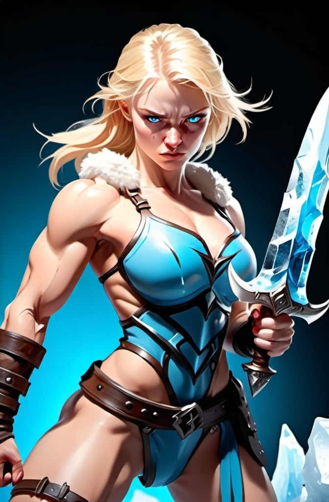 Prompt:  Female figure. Greater bicep definition. Sharper, clearer blue eyes. Blonde hair flapping. Nosebleed. Frostier, glacier effects. Fierce combat stance. Holding ice daggers. 