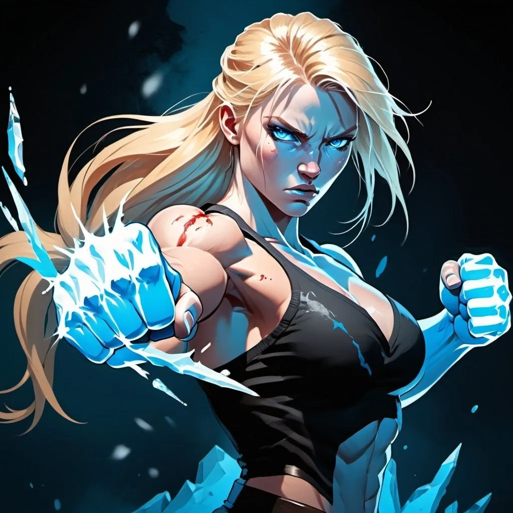 Prompt: Female figure. Greater bicep definition. Sharper, clearer blue eyes. Bleeding. Long Blonde hair flapping. Frostier, glacier effects. Fierce combat stance. Raging Fists. Icy Knuckles. 