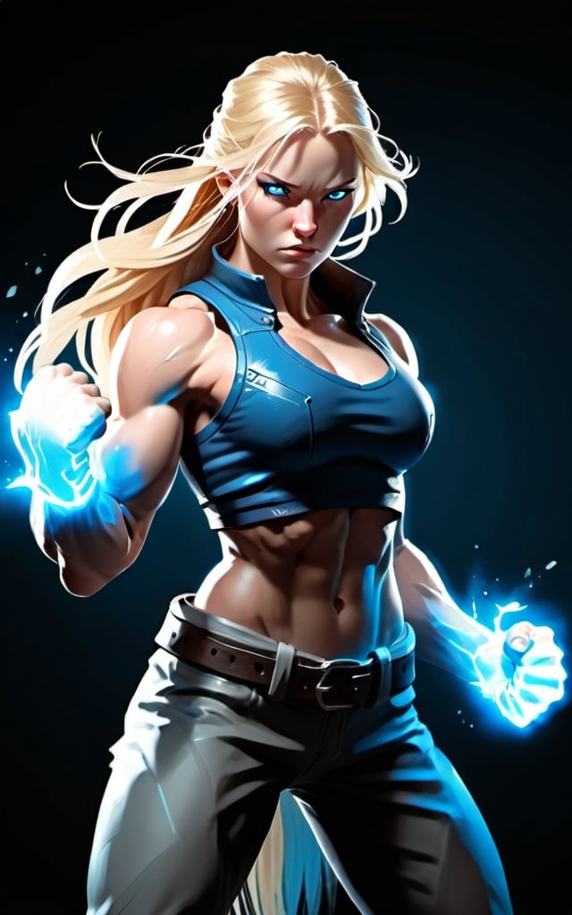 Prompt: Female figure. Greater bicep definition. Sharper, clearer blue eyes. Long Blonde hair flapping. Frostier, glacier effects. Fierce combat stance. Raging Fists. 