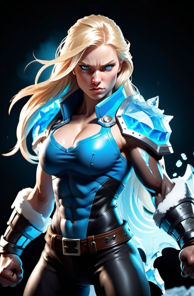 Prompt: Female figure. Greater bicep definition. Sharper, clearer blue eyes. Long Blonde hair flapping. Frostier, glacier effects. Fierce combat stance. Icy Knuckles. Raging Fists.