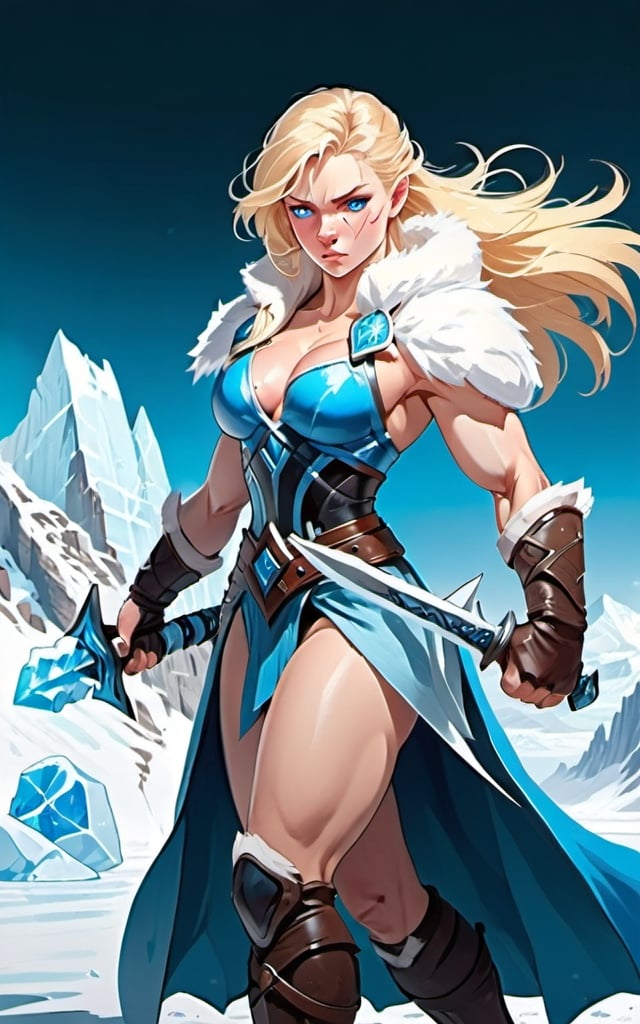 Prompt:  Female figure. Greater bicep definition. Sharper, clearer blue eyes. Blonde hair flapping. Nosebleed. Frostier, glacier effects. Fierce combat stance. Holding an Ice sword.