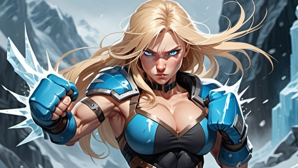 Prompt: Female figure. Greater bicep definition. Sharper, clearer blue eyes. Nosebleed. Long Blonde hair flapping. Frostier, glacier effects. Fierce combat stance. Raging Fists. Icy Knuckles. 