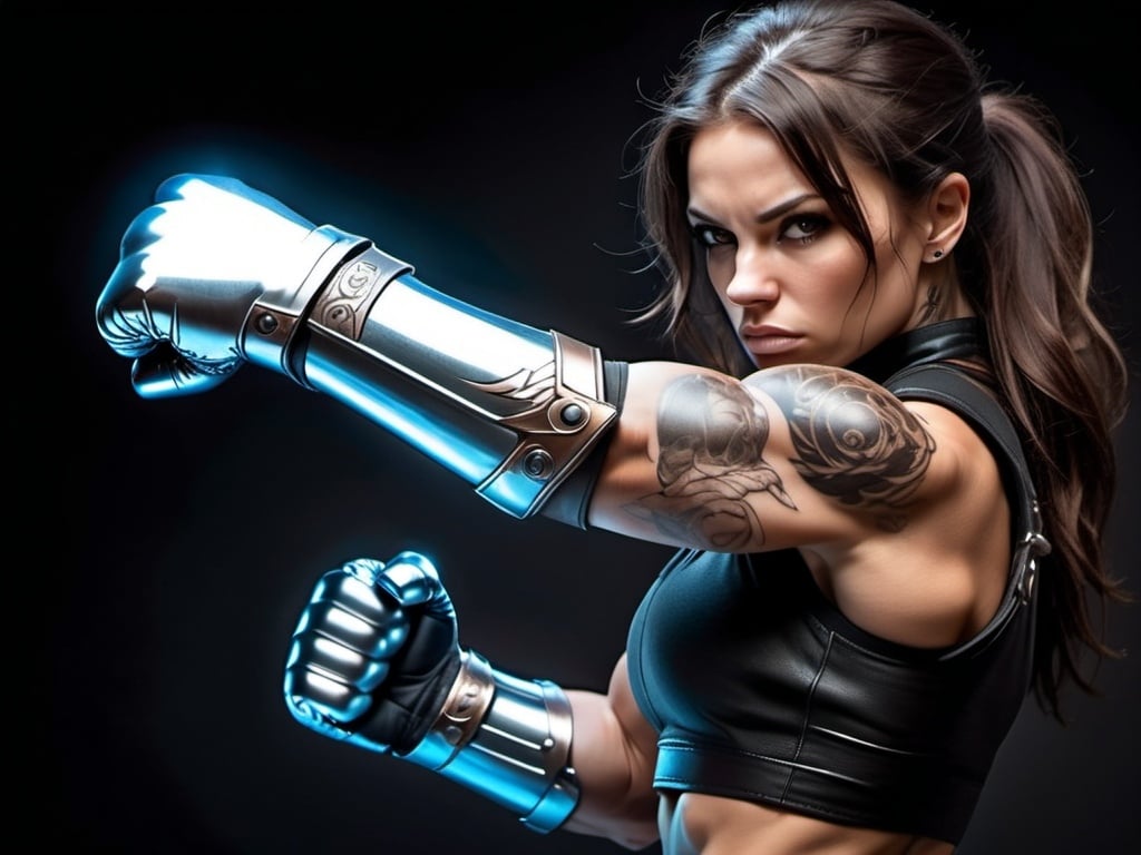 Prompt: Female figure. Greater bicep definition.  Muscular. Russian. Brown eyes. Brunette hair. Fierce combat stance. Raging Fists. Steel Gauntlets. Metallic Knuckles. Tattoo on Shoulder.  