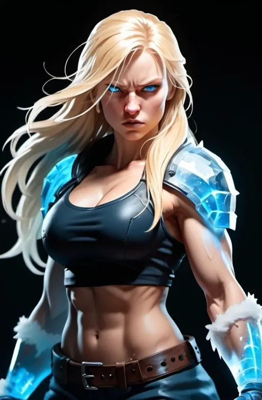 Prompt: Female figure. Greater bicep definition. Sharper, clearer blue eyes. Nosebleed. Long Blonde hair flapping. Frostier, glacier effects. Fierce combat stance. Raging Fists. Icy Knuckles.