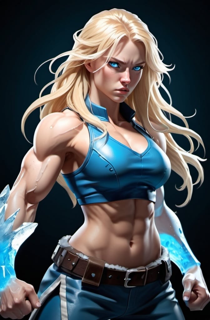 Prompt: Female figure. Greater bicep definition. Sharper, clearer blue eyes. Nosebleed. Long Blonde hair flapping. Frostier, glacier effects. Fierce combat stance. Icy Knuckles. 