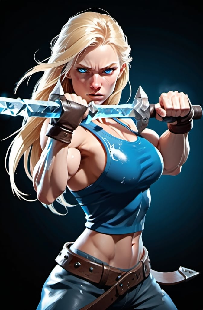 Prompt: Female figure. Greater bicep definition. Sharper, clearer blue eyes. Nosebleed. Long Blonde hair flapping. Frostier, glacier effects. Fierce combat stance. Icy Knuckles.