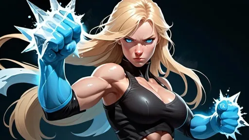 Prompt: Female figure. Greater bicep definition. Sharper, clearer blue eyes. Nosebleed. Long Blonde hair flapping. Frostier, glacier effects. Fierce combat stance. Raging Fists. Icy Knuckles. 