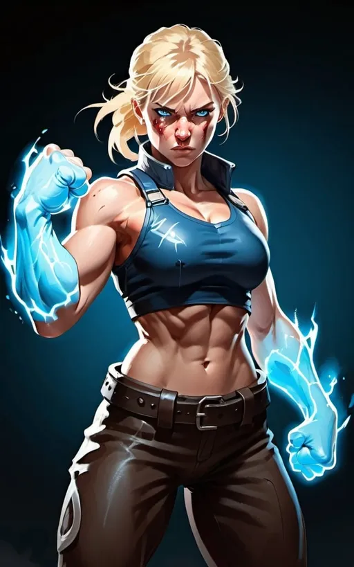 Prompt:  Female figure. Greater bicep definition. Sharper, clearer blue eyes. Blonde hair  flapping. Nose bleed. Frostier, glacier effects. Fierce combat stance. Raging Fists. 